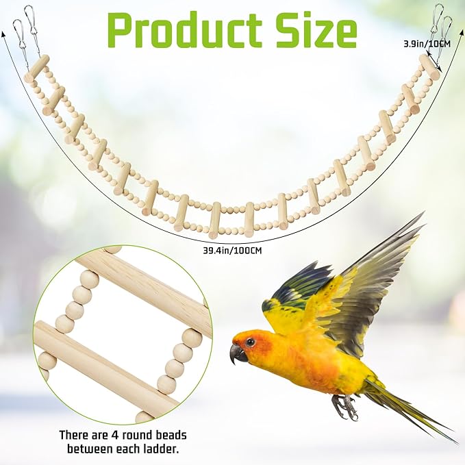 BNOSDM Long Bird Ladder Bridge 39.4 in Wooden Parakeet Climbing & Swing Toys Bird Cage Accessories for Budgies, Cockatiels, Conures, Lovebirds, Canaries (16-Steps)