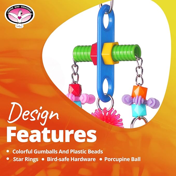 Super Bird Creations SB1087 Tug O' War Bird Toy for Parrotlets, Parakeets, Cockatiels, Lovebirds, Ringnecks, Medium Conures, Quaker, Caiques - Multi-colored toys - Small/Medium Bird Size, 6" x 3" x 1"