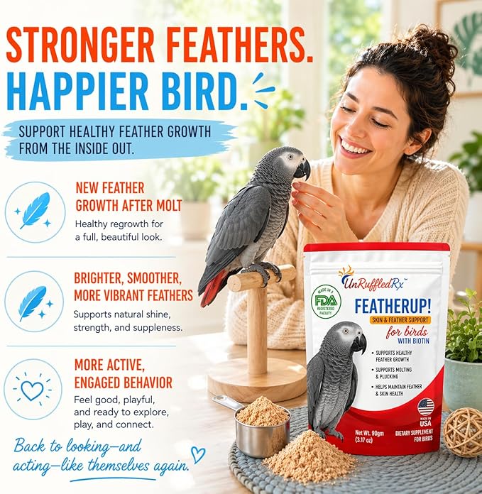 UnRuffledRx FeatherUp! Bird Molting Support & Feather Growth Supplement - for Plucking, Regrowth & Molt - Multivitamin & Amino Acids for All Birds - 90g (240 Servings)