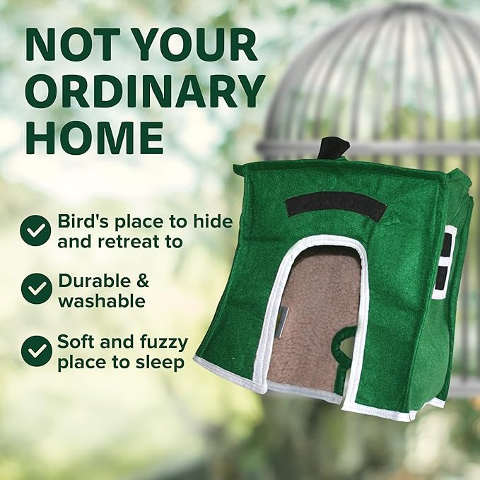 Crazy K Farm - Avian Haven Bird Hut, Comfy Bird Snuggle Hut, Plush Pet Bird Hut for Sleeping and Snuggling, Hanging Bird Cage Hut with Sherpa, Cozy Bird Cage Accessories, Extra Large, Green
