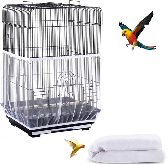 Bird Cage Seed Catcher, Seed Catcher Guard Net Cover, Parrot Nylon Mesh Net Cover, Universal Soft Airy Cage Net Stretchy Skirt for Round Square Cages (Solid-White, 15.7" x87")