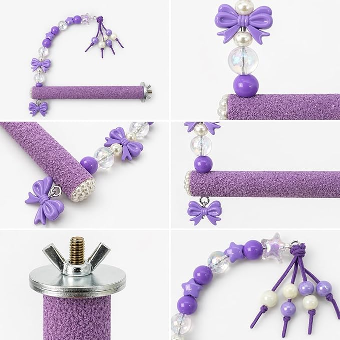 Bird Parrot Perch with Beads and Bow Chew Toy,Cage Platform Toy and Exercise Accessories for Budgies Parakeets Cockatiels Conures and Lovebirds (Purple)
