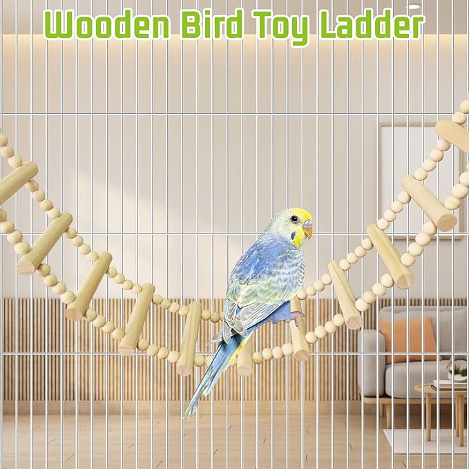 BNOSDM Long Bird Ladder Bridge 45.3 in Wooden Parakeet Climbing & Swing Toys Bird Cage Accessories for Budgies, Cockatiels, Conures, Lovebirds, Canaries (20-Steps)