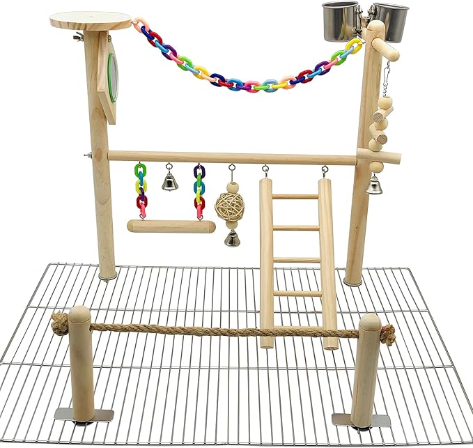 Bird Playground Top Cage, Parrot Gym Hanging Chewing Toys, Cage Top Play Stand for Conure, Parakeets, Budgie, Cockatiels, Lovebirds, Wood Perch Toys