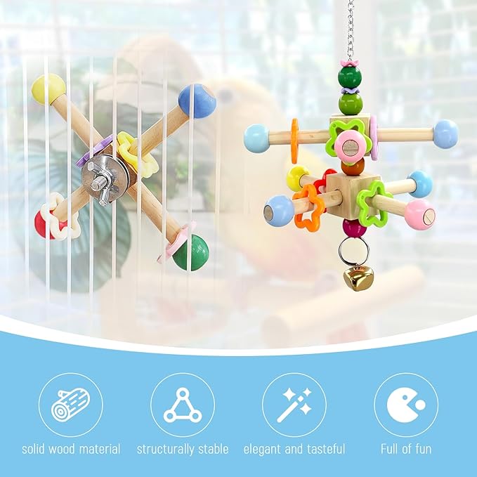 2 Pcs Parakeet Toys, Natural Wood Spinner with Bells, Hanging Cage Accessories for Small Moderate Birds to Relieve Boredom and Anxiety