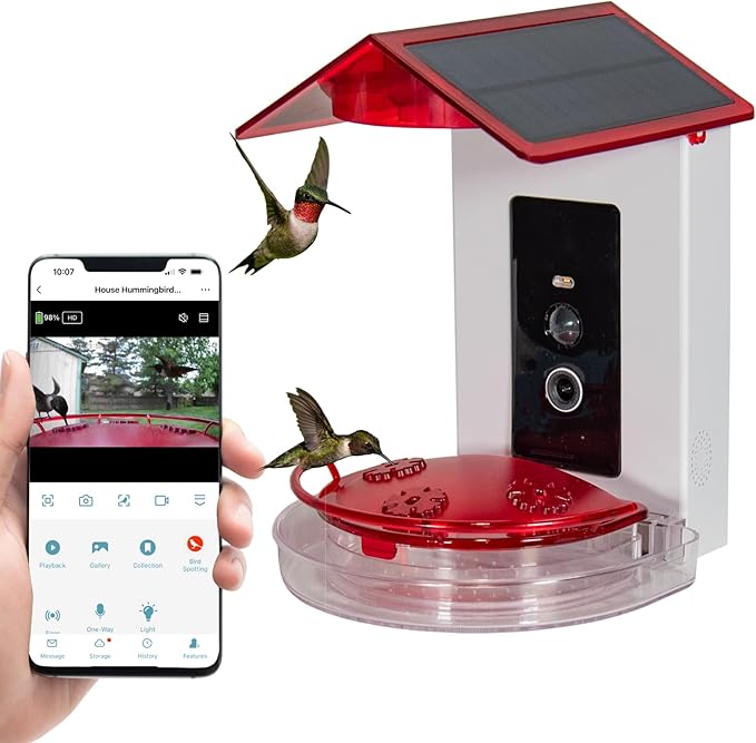 JCS Wildlife Smart 2-in-1 Hummingbird Feeder with Camera, Solar Roof, AI Bird Identification, 1080 HD Live Video, Automatically Capture Videos and Images, Great Gift for Birders