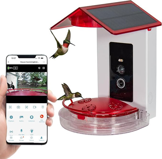 JCS Wildlife Smart 2-in-1 Hummingbird Feeder with Camera, Solar Roof, AI Bird Identification, 1080 HD Live Video, Automatically Capture Videos and Images, Great Gift for Birders