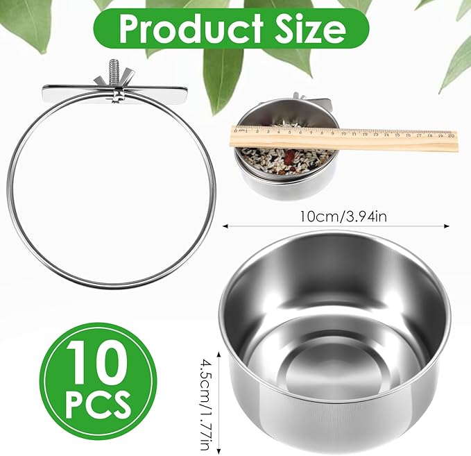 10 Pack Stainless Steel Bird Food Bowls with Clamp Holder, Parrot Feeding Dish Cups for Cage, Rustproof Bird Water Feeders for Cockatiel Conure Budgie Parakeet Macaw Lovebird Small Animals