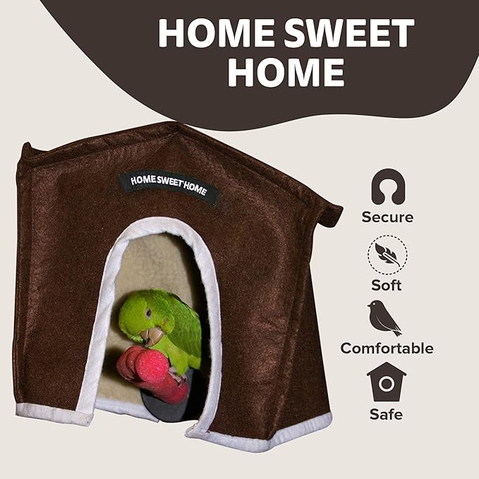 Crazy K Farm- Avian Haven Bird Hut, Comfy Bird Snuggle Hut, Plush Pet Bird Hut for Sleeping and Snuggling, Hanging Bird Cage Hut with Sherpa, Cozy Bird Cage Accessories Extra Small, Brown