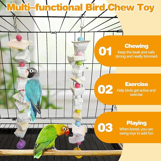 PINVNBY 2 Pack Bird Toys with Cuttlebone Calcium Parakeet Chewing Toy Hanging Bird Beak Grinding Stone Cage Accessories for Parrot Budgie Lovebird Cockatiel (Small)