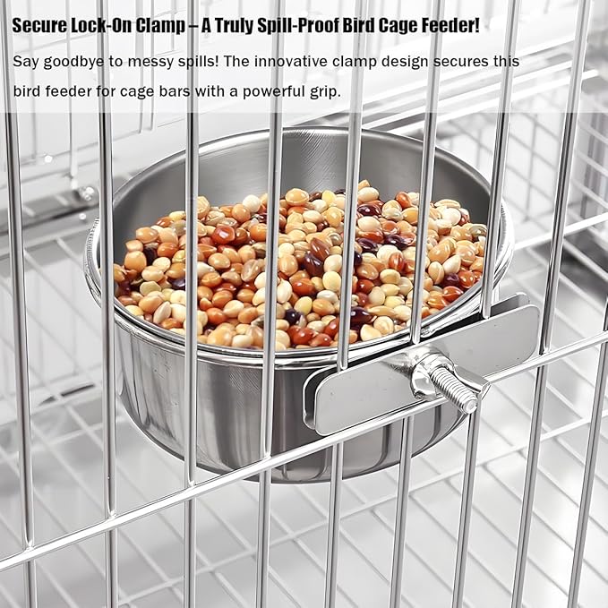 Parrot Feeding Cups Stainless Steel Bird Cage Feeder & Water Bowl - Chew-Proof Food Bowls with Clamp Holder for Parrot, Cockatiel, Conure, Budgie, Macaw, and Small Animals (M - 1Pc)