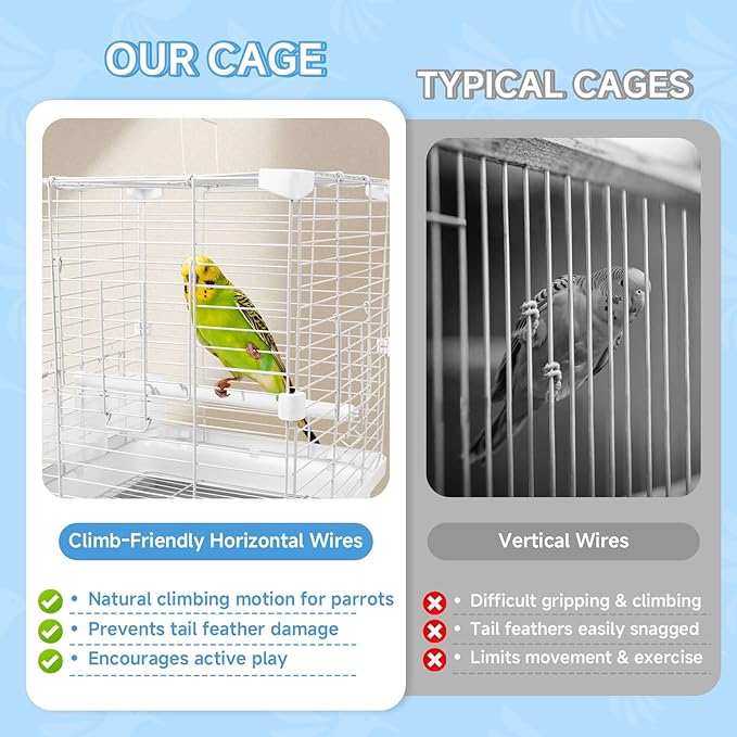 Small Bird Cage - 14x14x17.5 in Lightweight Travel Outdoor Birdcage for Parakeets, Budgies & Canaries and More Small Birds, Bird Carrier with Handle, Stand, Removable Tray, Portable for Hanging, White