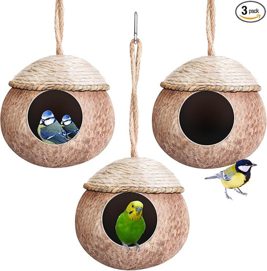 Suzile 3 Pcs Natural Coconut Bird Nest for Cage Hanging Birds House Parakeet Hide Breeding Hut Bird Cage Habitats Decor for Parrot, Cockatiel, Lovebird, Finch, Squirrel, Hamster