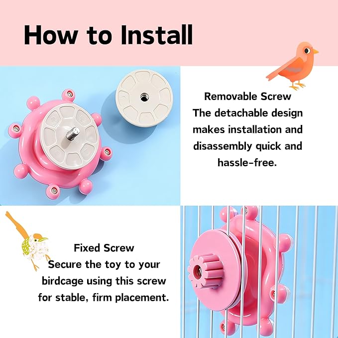 Spinning Bird-Toys Bird Cage Toys & Bird Perch Parrot-Parakeet Budgie Cockatiel Conure Macaw Chicken Parrot Enrichment Cage Accessories Small Animal Chewing Toy (Pink Wheel)