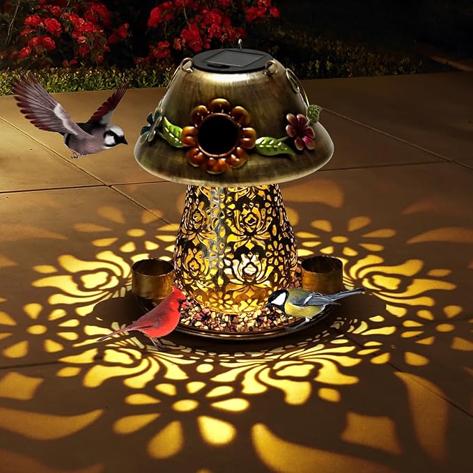 Mushroom Solar Bird Feeders for Outdoors Hanging Metal Wild Bird Feeder with S Hook for Garden Decoration Brown