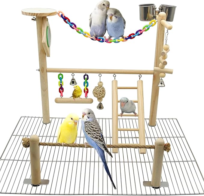 Bird Playground Top Cage, Parrot Gym Hanging Chewing Toys, Cage Top Play Stand for Conure, Parakeets, Budgie, Cockatiels, Lovebirds, Wood Perch Toys