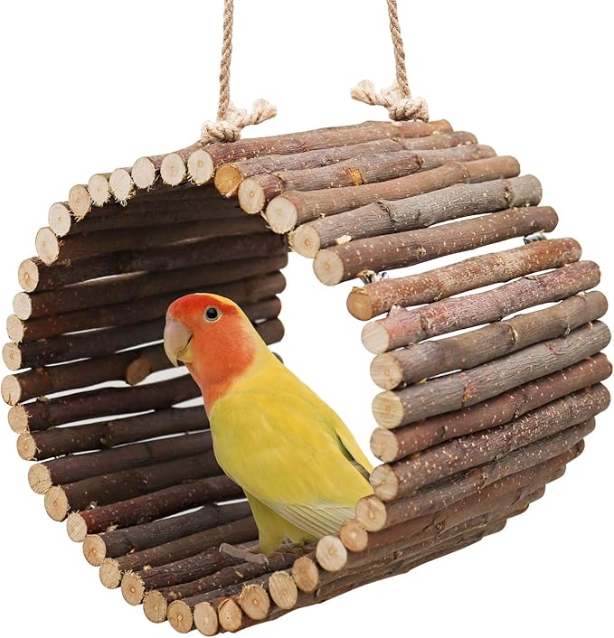 Natural Apple Wood Parrot Hammock & Tree Caves - Bird Cage Accessories for Little Bird, Parakeets, Cockatiels, Lovebirds & Hamsters (6.49" Diameter)
