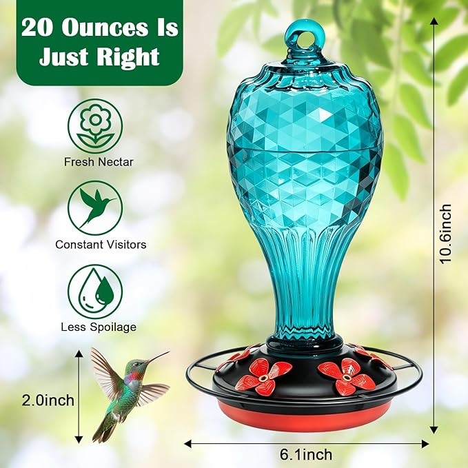 20 oz Hand-Blown Glass Hummingbird Feeder, Hanging Hot Air Balloon Design, Leak-Proof Silicone Seal, Ant-Proof, Outdoor Garden Decor Gift for Mom, Blue
