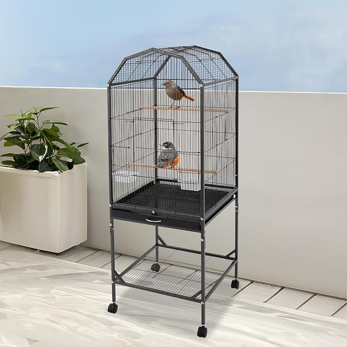 Large Bird Cage, Movable Pet Bird Flight Cages with Wheels Openable Roof Slide-Out Tray, Panorama Bird Aviary 18.11 * 18.11 * 53.54in for Parrots Sparrows Budgerigars(Black Style2)