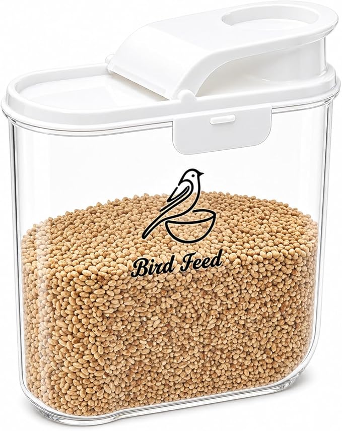 Bird Seed Storage Container, Airtight 2L/4.5Lbs Bird Food Container with Scale & Pour Spout, Portable Bird Food Holder to Keep Food Fresh|BPA-Free-White