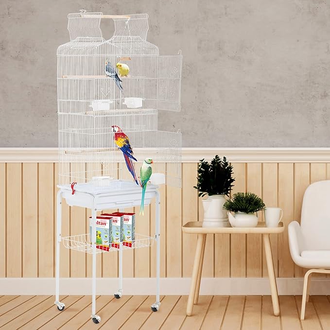 HCY Open Top Standing Bird Cage 64 Inch with Rolling Stand for Parakeets Cockatiel Parrots Lovebirds Medium Small Bird Cage-White L17 * W13 * H64 inches