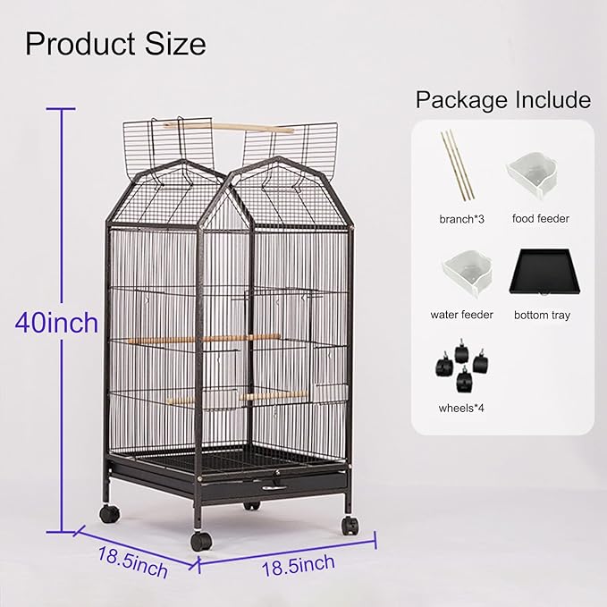 40inch Bird Cage with Rolling Wheels, Open-Top Parrot Cage Sturdy Iron Pet Bird Flight Cage Large Birdcage for Parrots Cockatiels Conure Budgie Canary (Black)