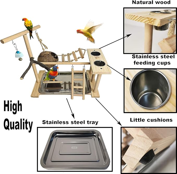 Parrots Playground Bird Play Stand Natural Wood Parrot Perch Gym Playpen Parakeet Nest with Feeder Cups Ladders Lovebirds Cage Accessories Toy Exercise Activity Center for Conure Cockatiel Lovebirds