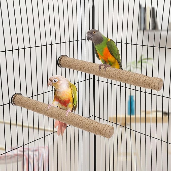 Hypeety Bird Perch Stand Natural Wood Parrot Hemp Rope Perch Birdcage Accessories Perch Standing Toy for Bird Parrot Macaw Cockatoo African Greys Budgies Parakeet 2Pcs (25cm/9.84in)
