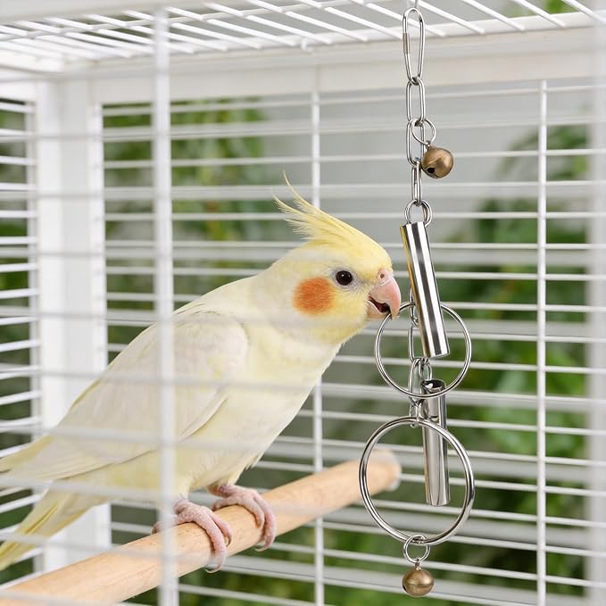 Durable Stainless Steel Bird Bell Toy with Hanging Metal Rings - Heavy Duty Parrot Cage Accessory for Macaws, Cockatoos & Large Birds, Engaging Sound & Chew Resistant Pet Enrichment Toys