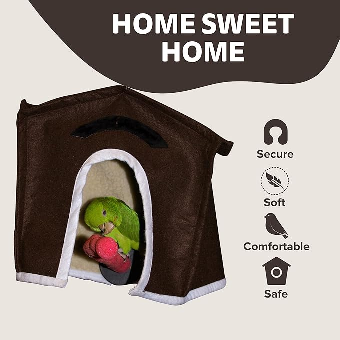 Crazy K Farm - Avian Haven Bird Hut, Comfy Bird Snuggle Hut, Plush Pet Bird Hut for Sleeping and Snuggling, Hanging Bird Cage Hut with Sherpa, Cozy Bird Cage Accessories Large, Brow
