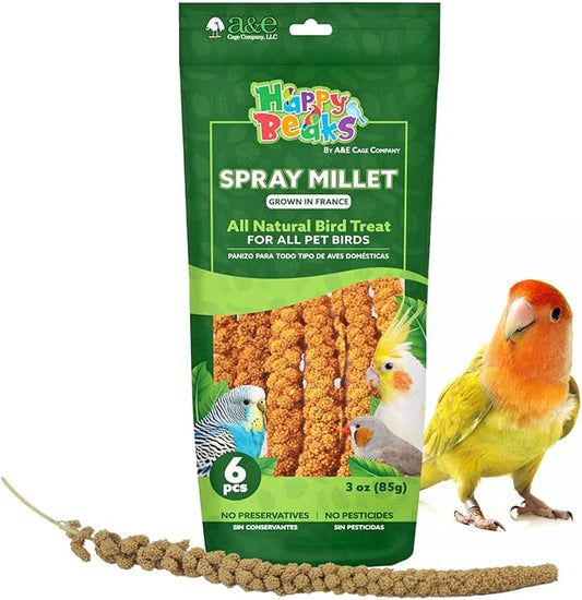 A&E Cage Co Premium French Millet Spray for Birds - 6 Piece, 3oz Pack Natural Spray Millet Treat - Healthy Bird Treat for Parakeets, Budgies, Cockatiels, Finches, Canaries & Small Birds