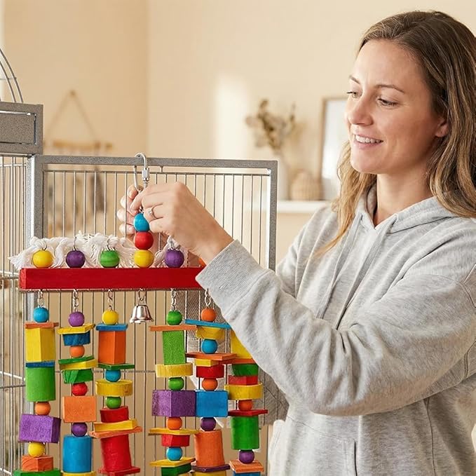 Extra Large Bird Toys for Macaws African Greys Cockatoos, 21.6" x 13" Heavy Duty Parrot Chewing Toy with Durable Stainless Steel Chain & Natural Wood Blocks, Large Bird Cage Accessories with Bell