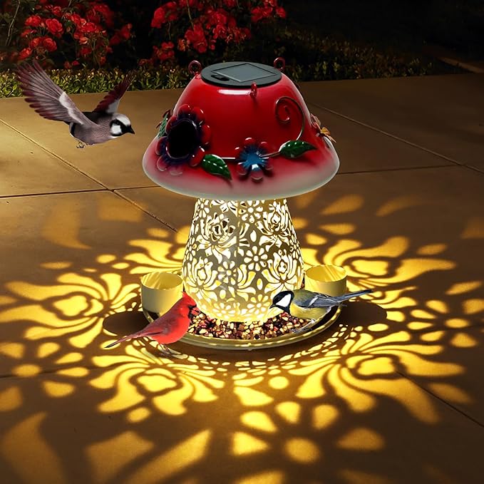 Mushroom Solar Bird Feeders for Outdoors Hanging Metal Wild Bird Feeder with S Hook for Garden Decoration Red