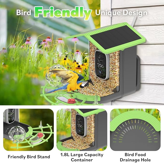 Smart Bird Feeder with Camera – AI Bird Recognition, 130° Wide Angle, Solar & USB Powered, IP65 Waterproof, Motion Detection, Night Vision, Two-Way Audio, Cloud Storage –Watching Gift for Nature Lover