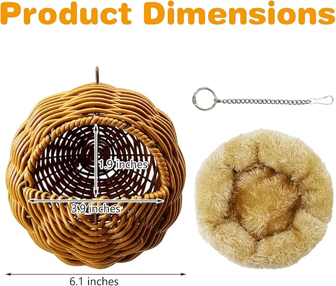 Rattan Birds Nest for Cage Hanging Parakeet House Chewproof Parrot Breeding Bed Small Budgies Hideout Swing Hut Bird Cage Accessories for Lovebirds Cockatiel Conure Finch Canary (Brown)