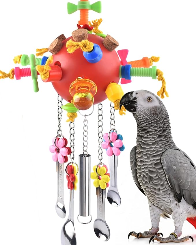 KATUMO Parrot Toys - Colored Chew Toys & Bird Spoons for Amazon Parrot, African Grey, Conure, Caique, Quaker, Small Cockatoo, Mini Macaw, Eclectus & Similar Small Medium Birds