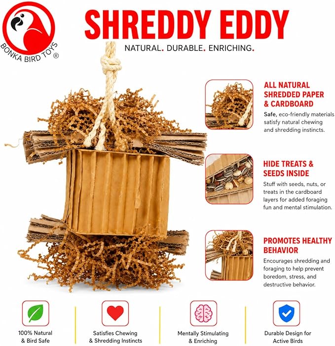 Bonka Bird Toys 3753 Natural Shreddy Eddy Medium to Large Parrot Toy Good Conure African Grey, Conures, Amazons, Small Cockatoos, and similarly Sized pet Birds for Chewy Foraging Fun.