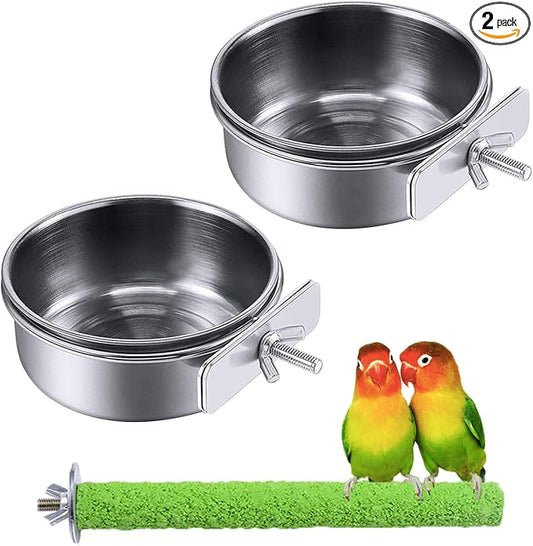PINVNBY Parrot Feeding Dish Cups,Stainless Stee Bird Feeder Birds Food Water Bowls with Clamp Holder,Parakeet Cage Dish Perch Stand Toys(3 Pcs)