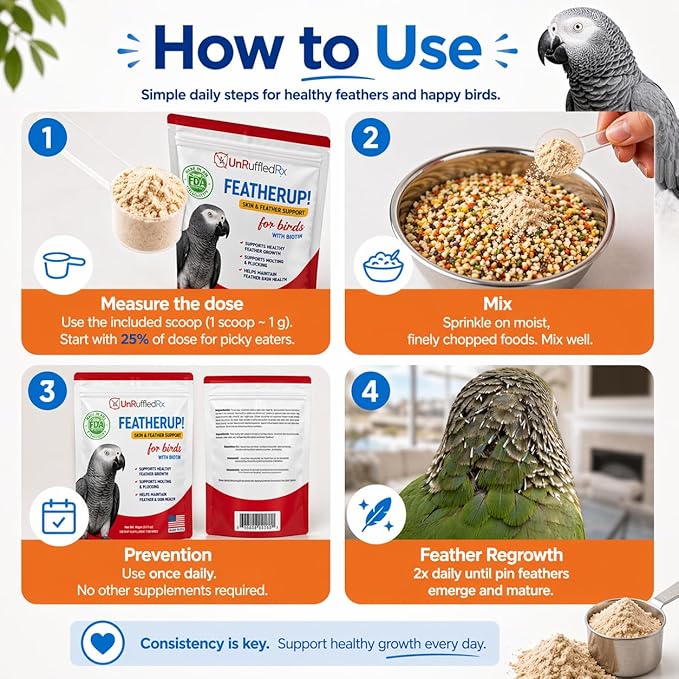 UnRuffledRx FeatherUp! Bird Molting Support & Feather Growth Supplement - for Plucking, Regrowth & Molt - Multivitamin & Amino Acids for All Birds - 90g (240 Servings)