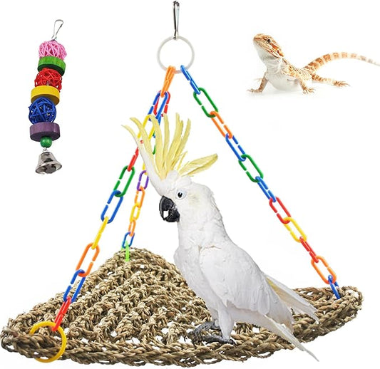 Large Seagrass Mat for Birds,Triangle Cockatiel Seagrass Hammock Natural Woven Sea Grass Mats for Birds,Parrot Foraging Grass Swing Toys for Medium Parakeets Lovebirds Cockatoos