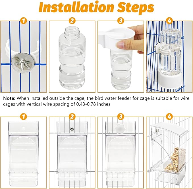 BNOSDM No Mess Bird Feeder Water Dispenser Set Automatic Parrot Feeder Drinker Transparent Food Container 3 Pcs Parakeet Cage Accessories for Cockatiel, Budgies, Conure, Lovebird, Finch (Transparent)