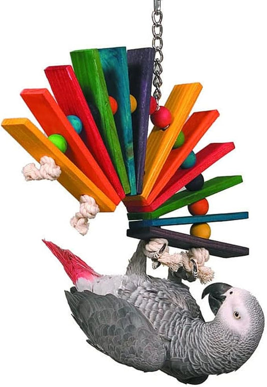 Super Bird Creations SB702 Peacock Sr. Bird Toy - Kiln Dried Pine Wood Slats, Hardwood Beads, 100% Cotton Rope - Ideal for Parrots, African Greys - Boredom Relief - Large Bird Size - 14” x 11” x 1.5”