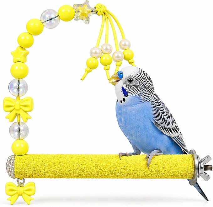 Bird Parrot Perch with Beads and Bow Chew Toy,Cage Platform Toy and Exercise Accessories for Budgies Parakeets Cockatiels Conures and Lovebirds (Yellow)