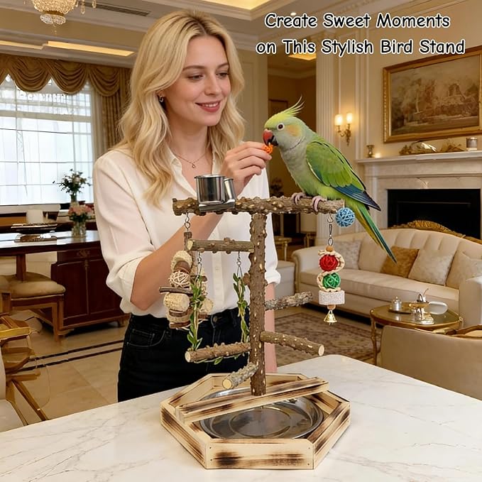 Natural Pepper Wood Bird Play Stand with Stainless Steel Bowls, Handmade Parrot Perch Gym with Chewing Toys & Bell, Tabletop Training Stand for Small to Medium Birds