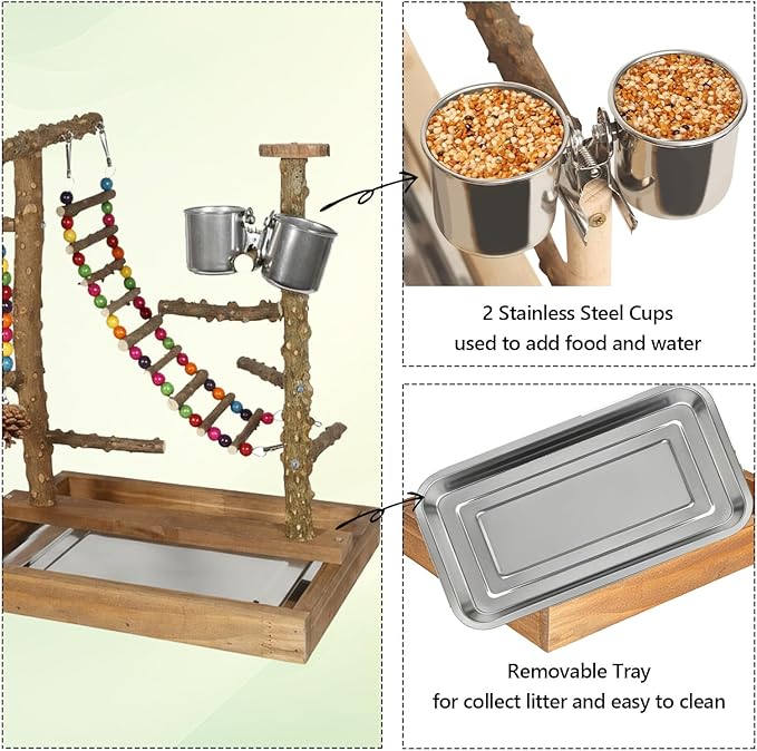 Wooden Bird Play Stand Parrots Playground Perch Stand with Bird Ladder Chewing Toys and 2 Stainless Steel Cups (Brown)