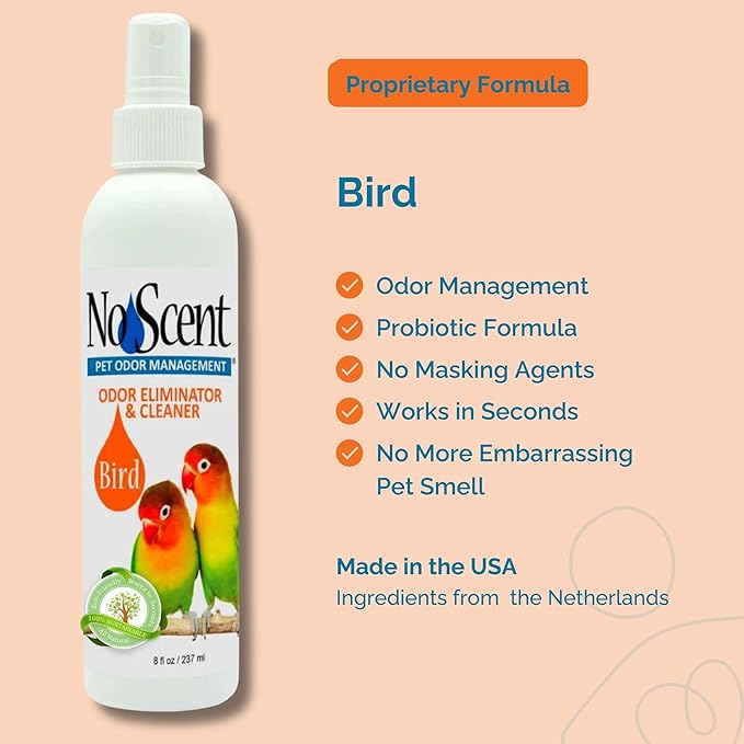 No Scent Bird Cage Cleaner Spray & Pet Odor Management, Natural Aviary Freshener (8 Fl Oz / 237 mL)