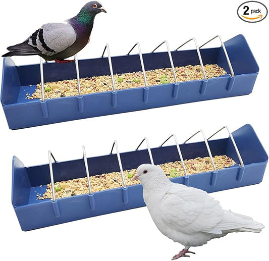 2PCS Pigeon Feeder, Bird Dispenser Slot Container, Poultry Plastic Thick Trough Dish Less Waste with Removable Steel Wire Partition for Pigeons Quails Birds Chicks Ducklings