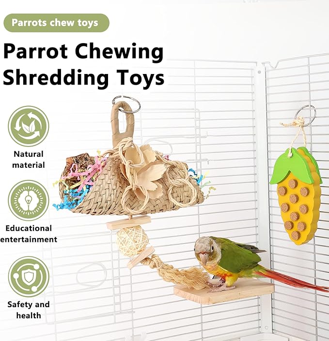 Parrot Chew Toys Set - Natural Wood & Loofah Toys with Plant-Based Dyes, 3 Pack Bird Chew Toys for Cockatiels, Conures & Small Parrots for Cage Enrichment (3 Pieces of Green Series)