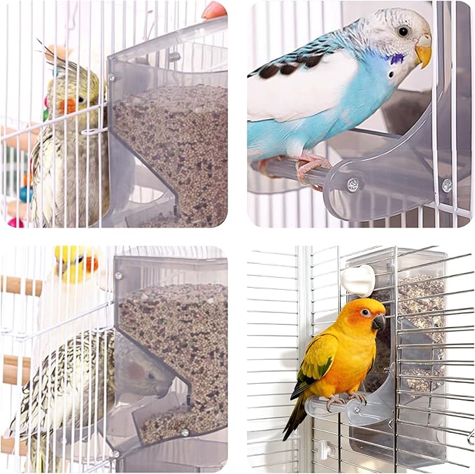 AOTU Automatic No Mess Bird Feeder for Cage - Crack-Resistant Plastic Bird Cage Seed Catcher Clear Bird Cage Feeder for Small Medium Birds Parrots Cockatiels Parakeets Conures Canaries (Light Gray)