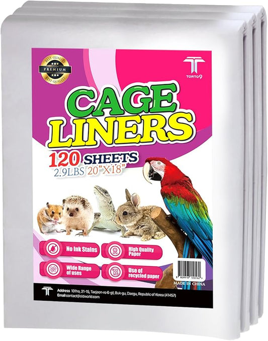 T TORTO9 Bird Cage Liner - 120 Paper Sheets, 20" x 18", 2.9 lb - Ideal for Pet Habitats, Bulk Pack for Long-Lasting Use, Newsprint Texture, Convenient Parcel Packaging